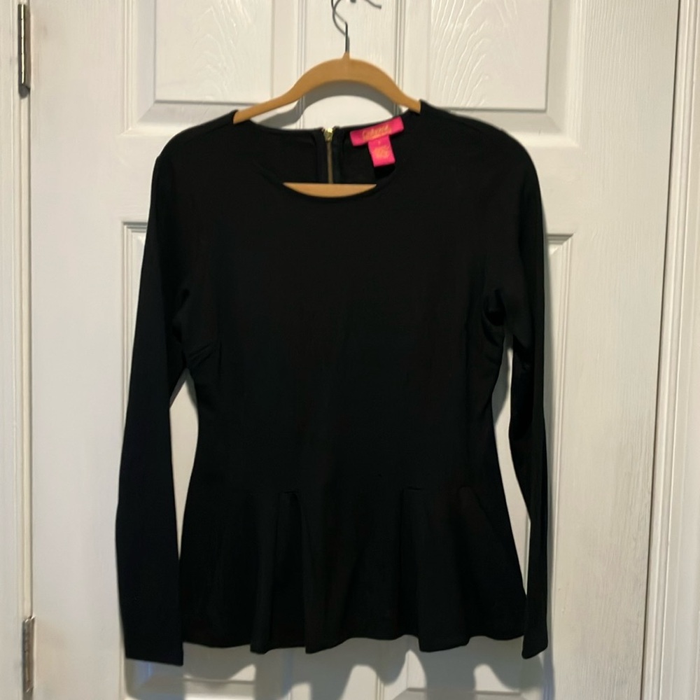 Catherine Maladrino black zipper back top blouse black small pleated long sleeve